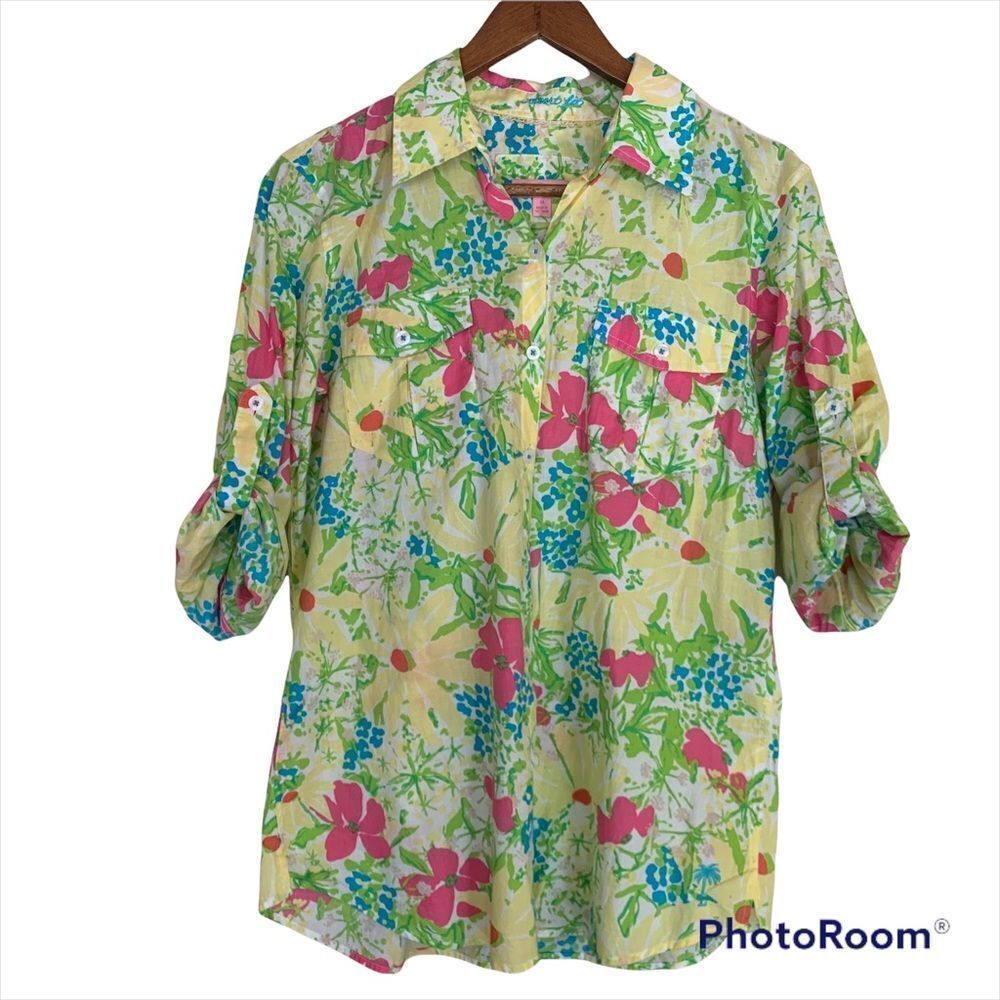 Lilly Pulitzer cotton floral button down tab roll sleeves‎ shirt size medium